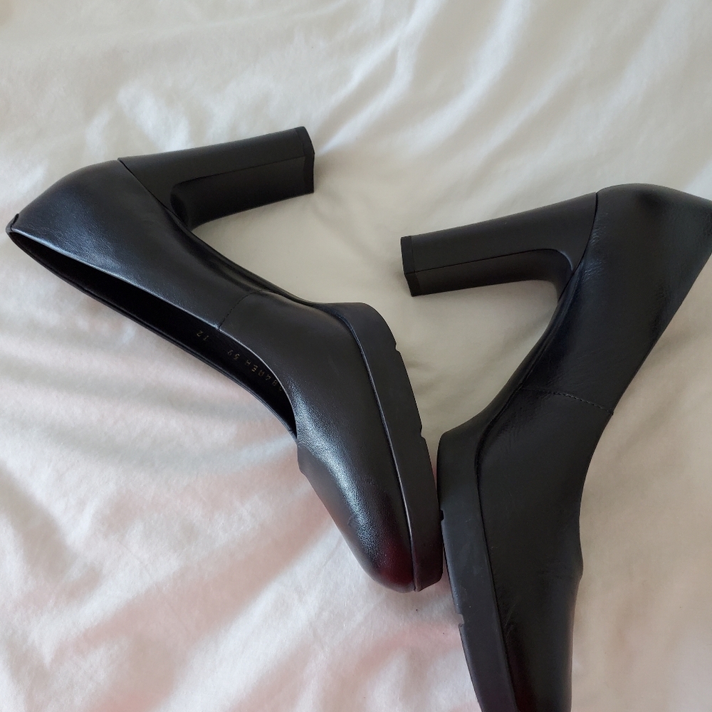 Black Leather Block Heel Pumpswalk pleasure 85 woman High-heeled court shoes